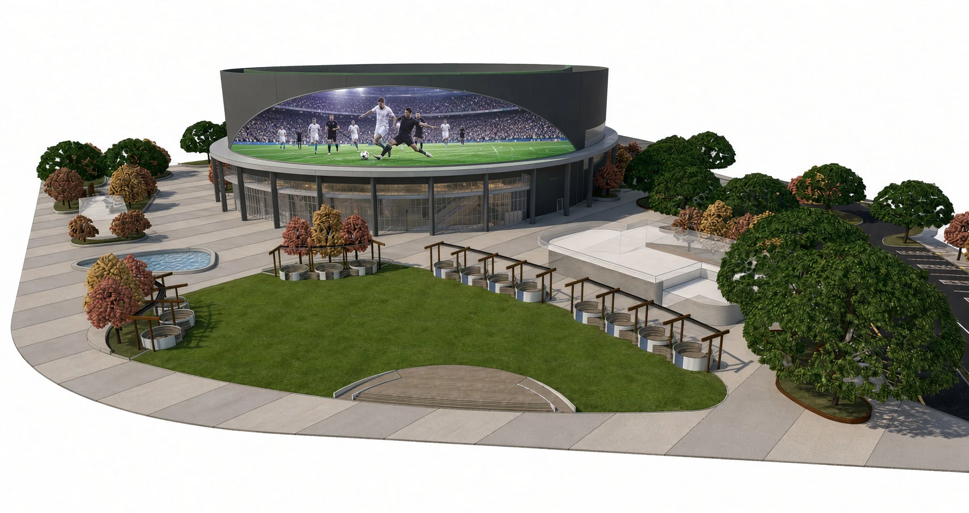 Design-stage model of the plaza lawn in front of the arena