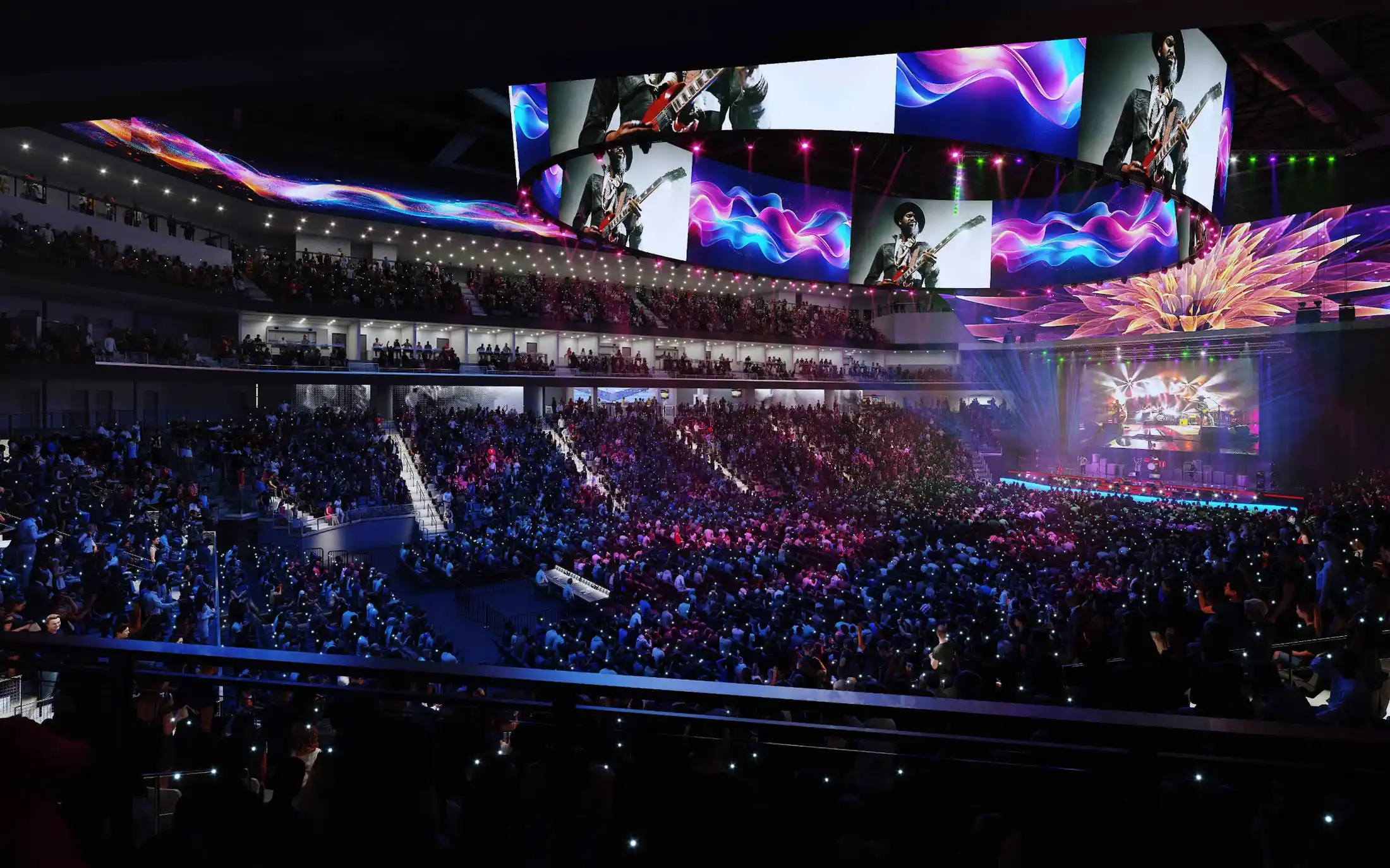 Concept rendering of a concert inside Dova Arena, with a packed floor and wraparound LED screens